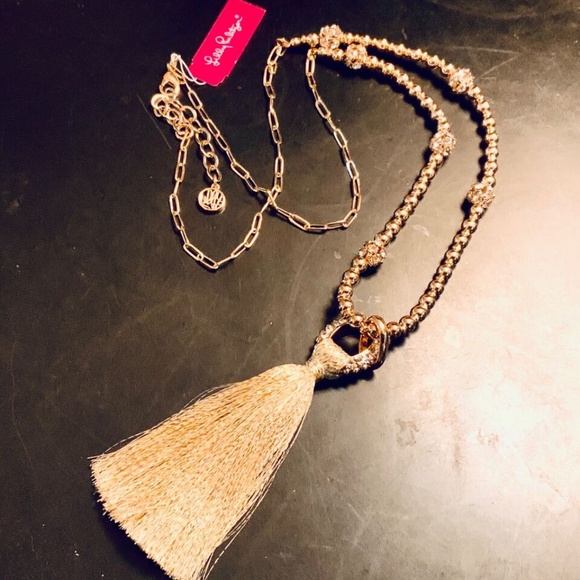 Lilly Pulitzer NWT CRYSTAL GOLD LINK TASSEL NECKLACE⭐️STUNNING NEW + Lilly POUCH - Picture 14 of 16